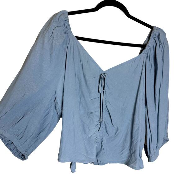 Open Edit Tie Front Puff Sleeve Blouse - Blue Chambray Size 2X - Picture 7 of 9